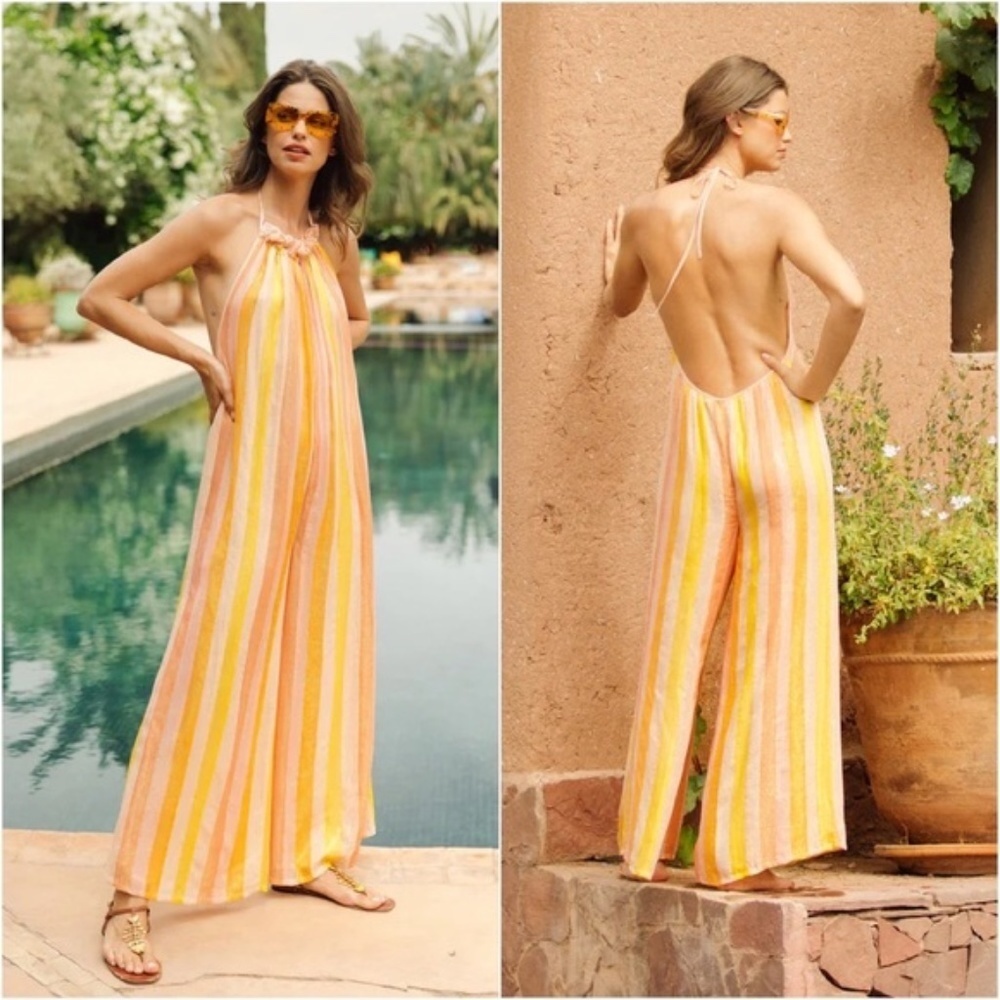 Anthropologie Striped Halter Backless Jumpsuit in Yellow, Pink & Cream